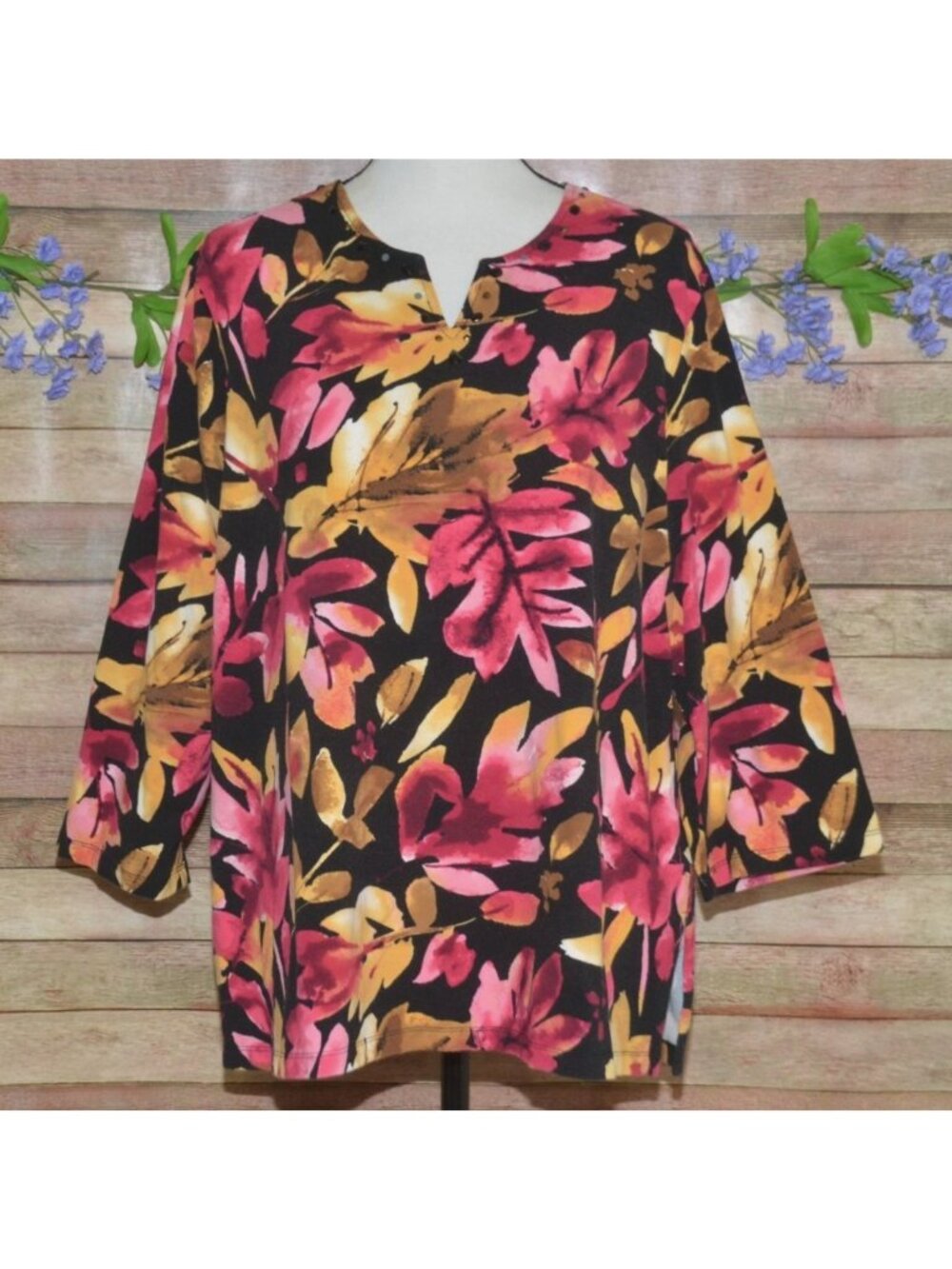 Alfred Dunner Womens 3/4 Sleeve Shirt 1X Tunic Side Slit Beaded V-Neck Fall Leaf